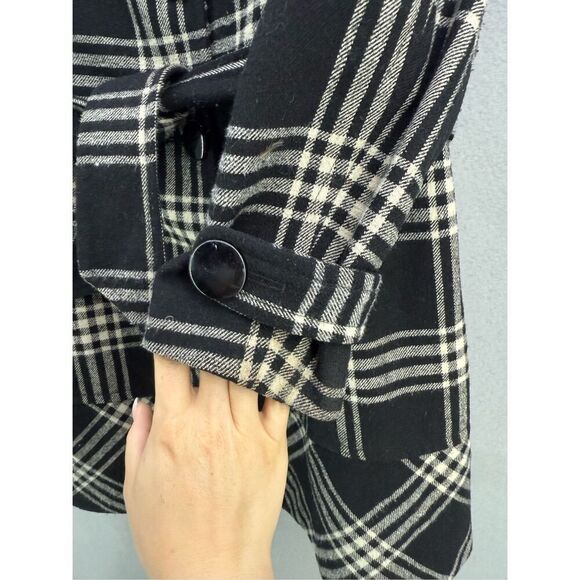 Georgiou Studio Womens Black White Plaid Long Wool Blend Pea Coat Jacket Size 12 - Picture 6 of 10
